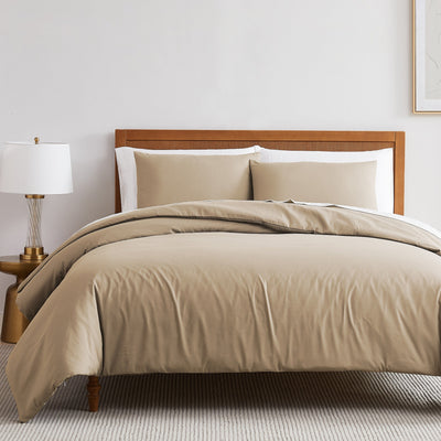 Half Front View of Vilano Duvet Cover Set in Taupe#color_vilano-taupe
