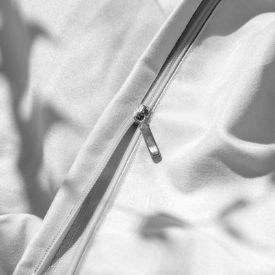Close Up Image of Zipper Enclosure of Vilano Duvet Cover Set in White#color_vilano-bright-white