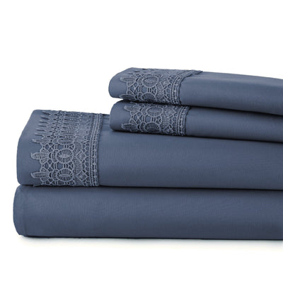 Vilano Extra Deep Pocket Lace Hem Sheet Set in Dark Blue Stack Together#color_vilano-dark-blue