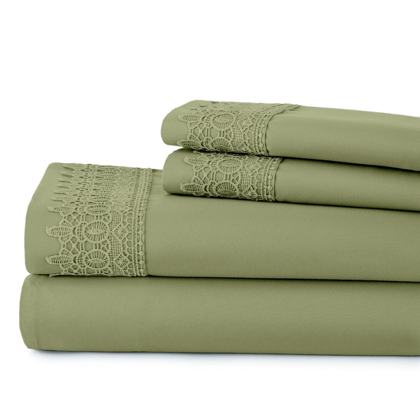 Vilano Extra Deep Pocket Lace Hem Sheet Set in Sage Green Stack Together#color_vilano-sage-green
