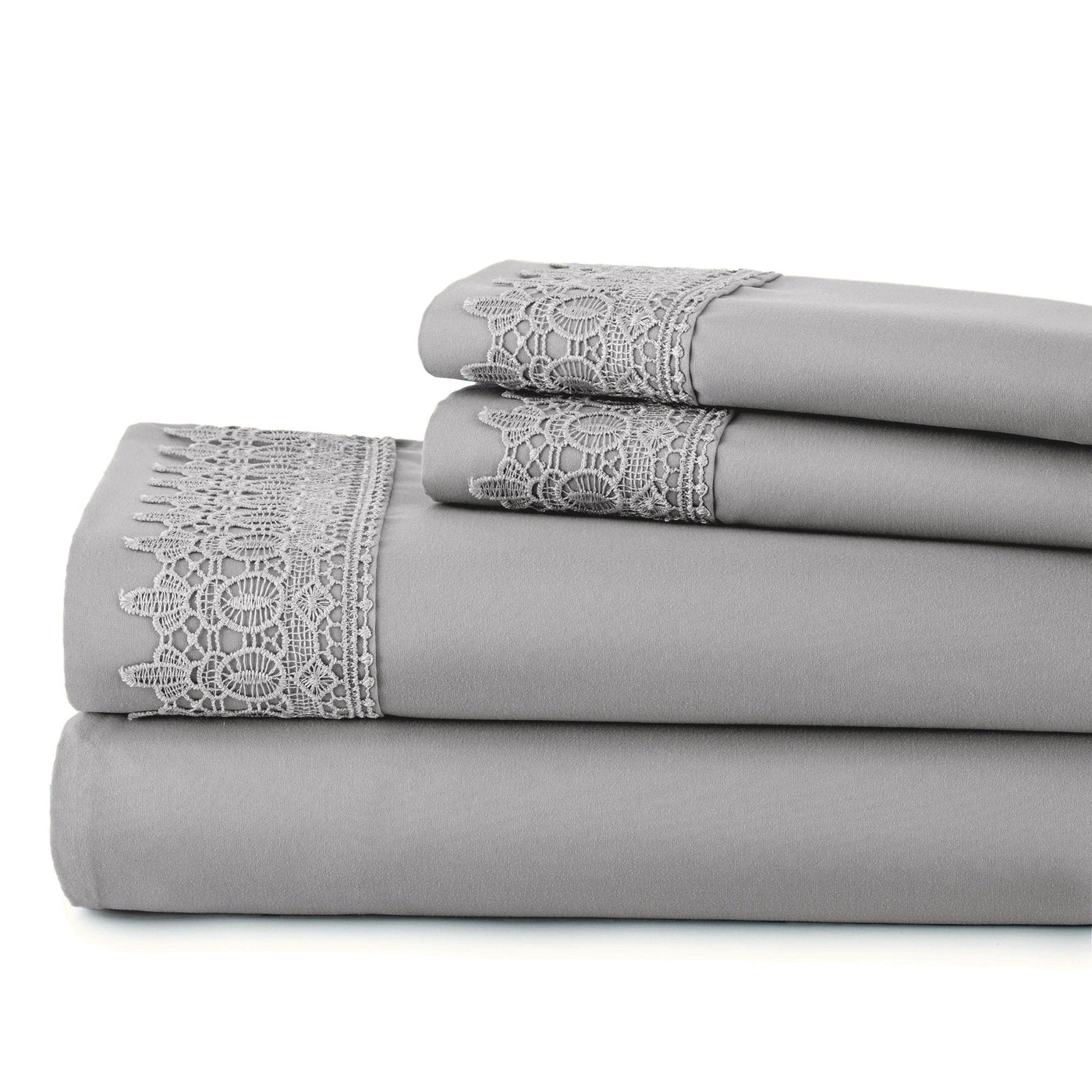 Vilano Extra Deep Pocket Lace Hem Sheet Set in Steel Grey Stack Together#color_vilano-steel-gray