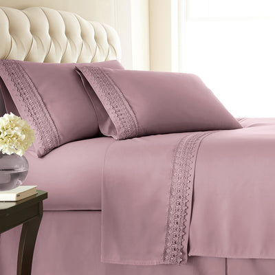 Side View of Vilano Extra Deep Pocket Lace Hem Sheet Set in Lavender#color_vilano-lavender