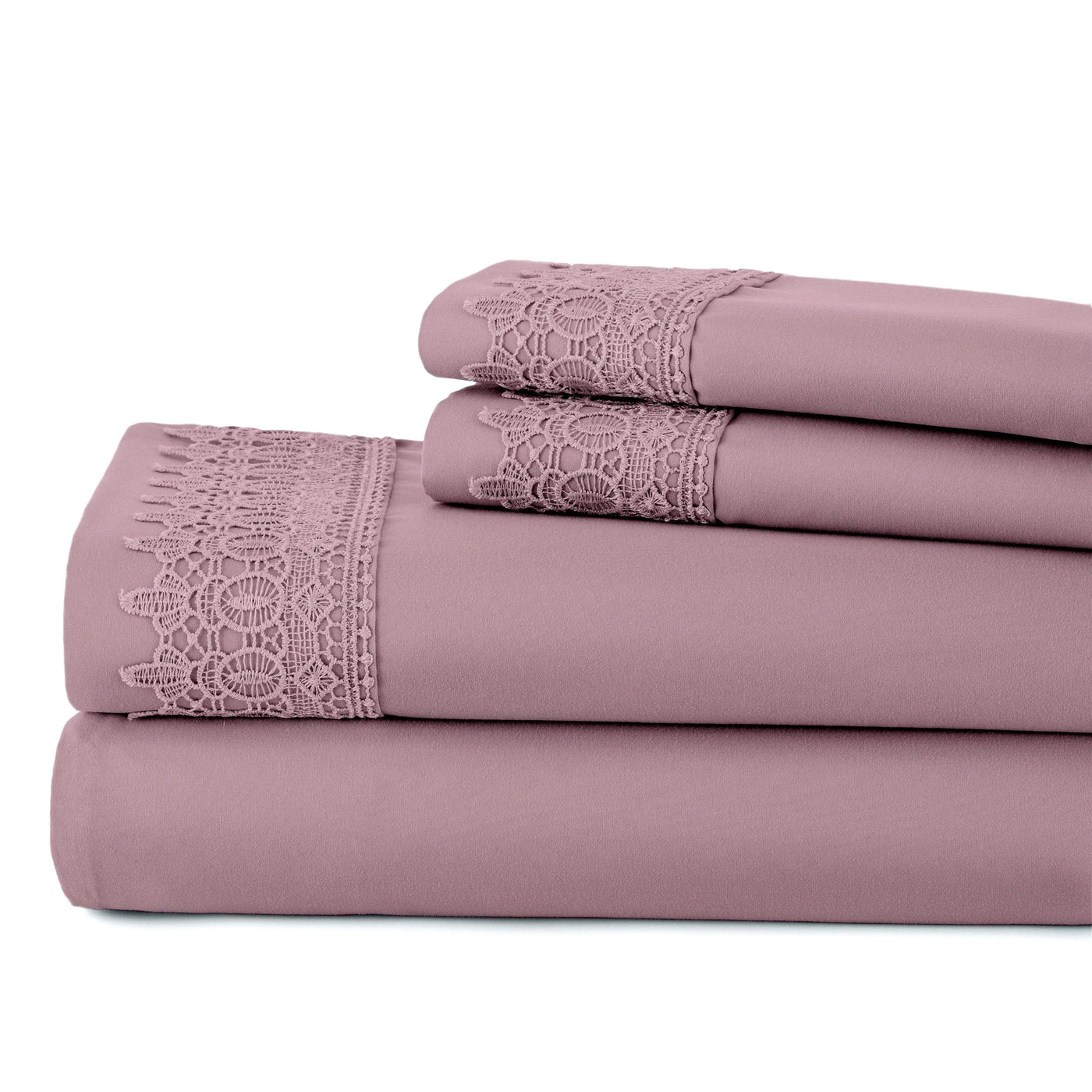 Vilano Extra Deep Pocket Lace Hem Sheet Set in Lavender Stack Together#color_vilano-lavender