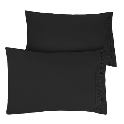 Two Vilano Lace Hem Pillow Cases in Black Stack Together#color_vilano-black