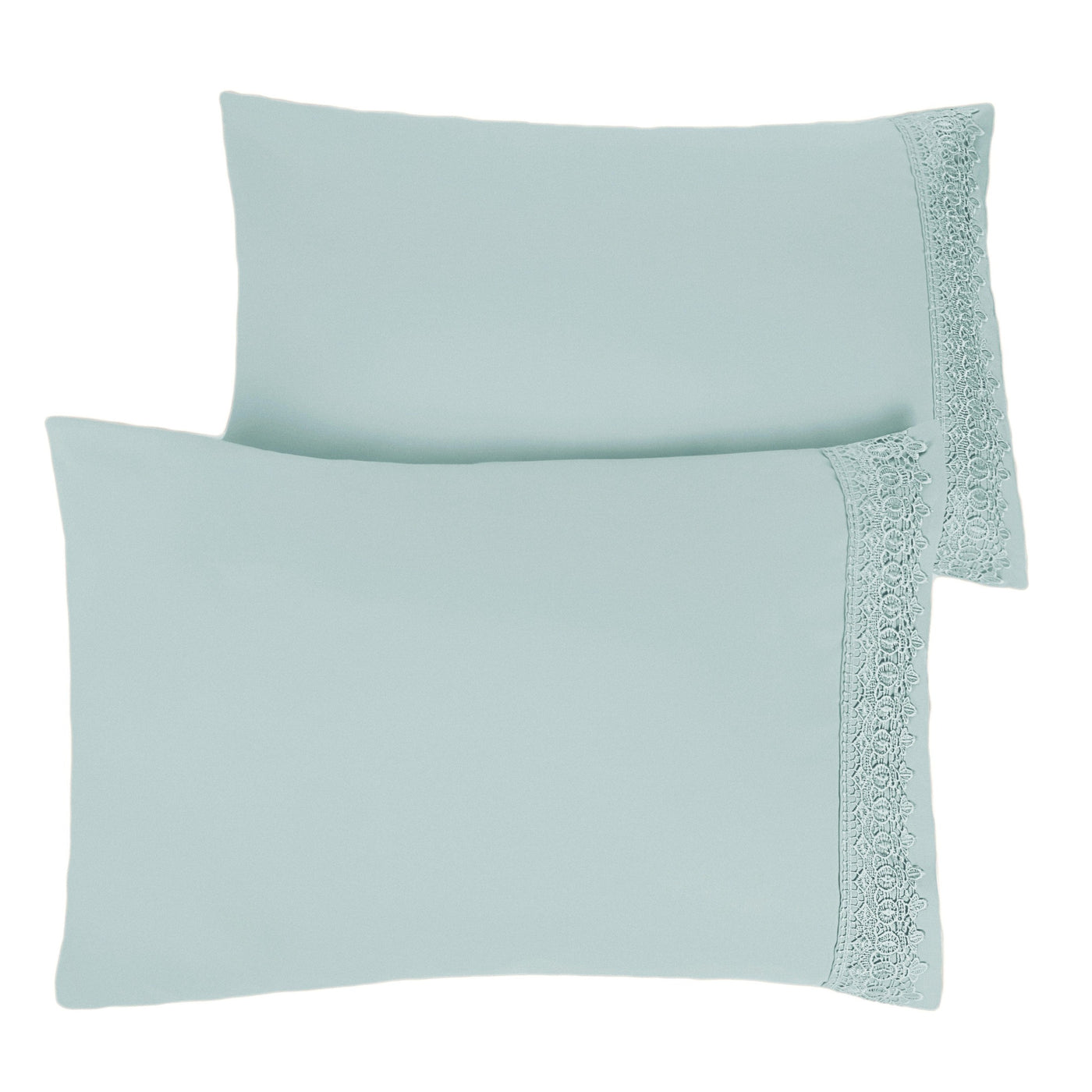 Two Vilano Lace Hem Pillow Cases in Sky Blue Stack Together#color_vilano-sky-blue