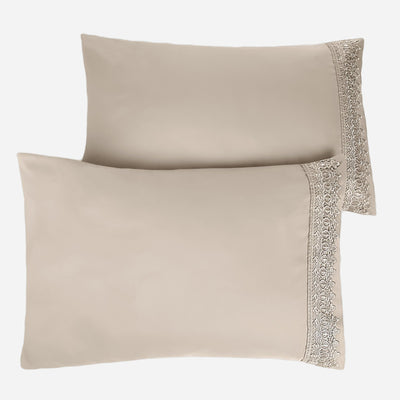 Two Vilano Lace Hem Pillow Cases in Bone Stack Together#color_vilano-bone