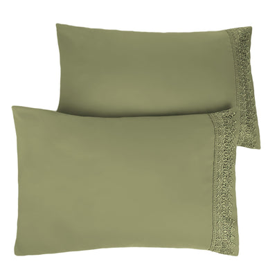 Two Vilano Lace Hem Pillow Cases in Sage Green Stack Together#color_vilano-sage-green