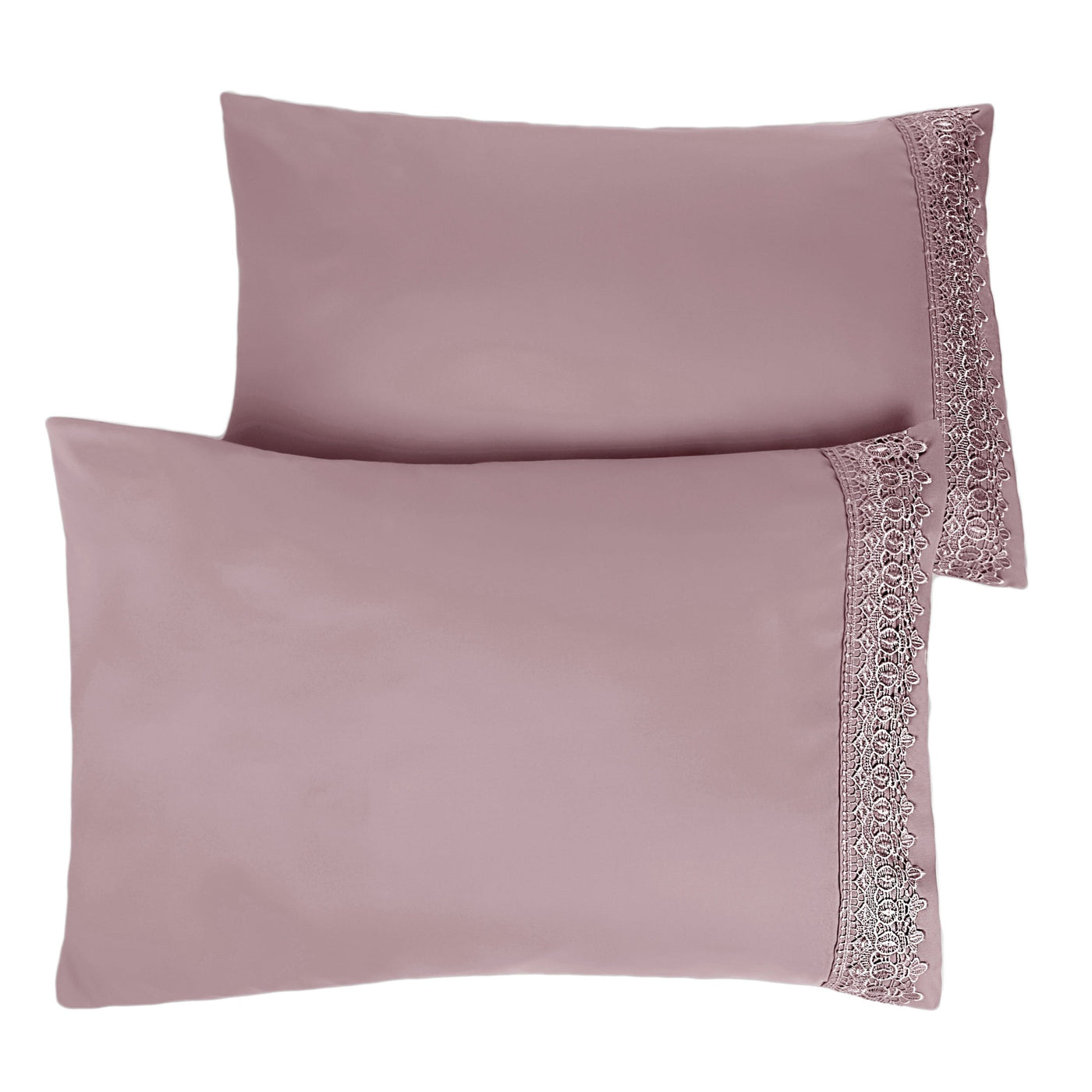 Two Vilano Lace Hem Pillow Cases in Lavender Stack Together#color_vilano-lavender