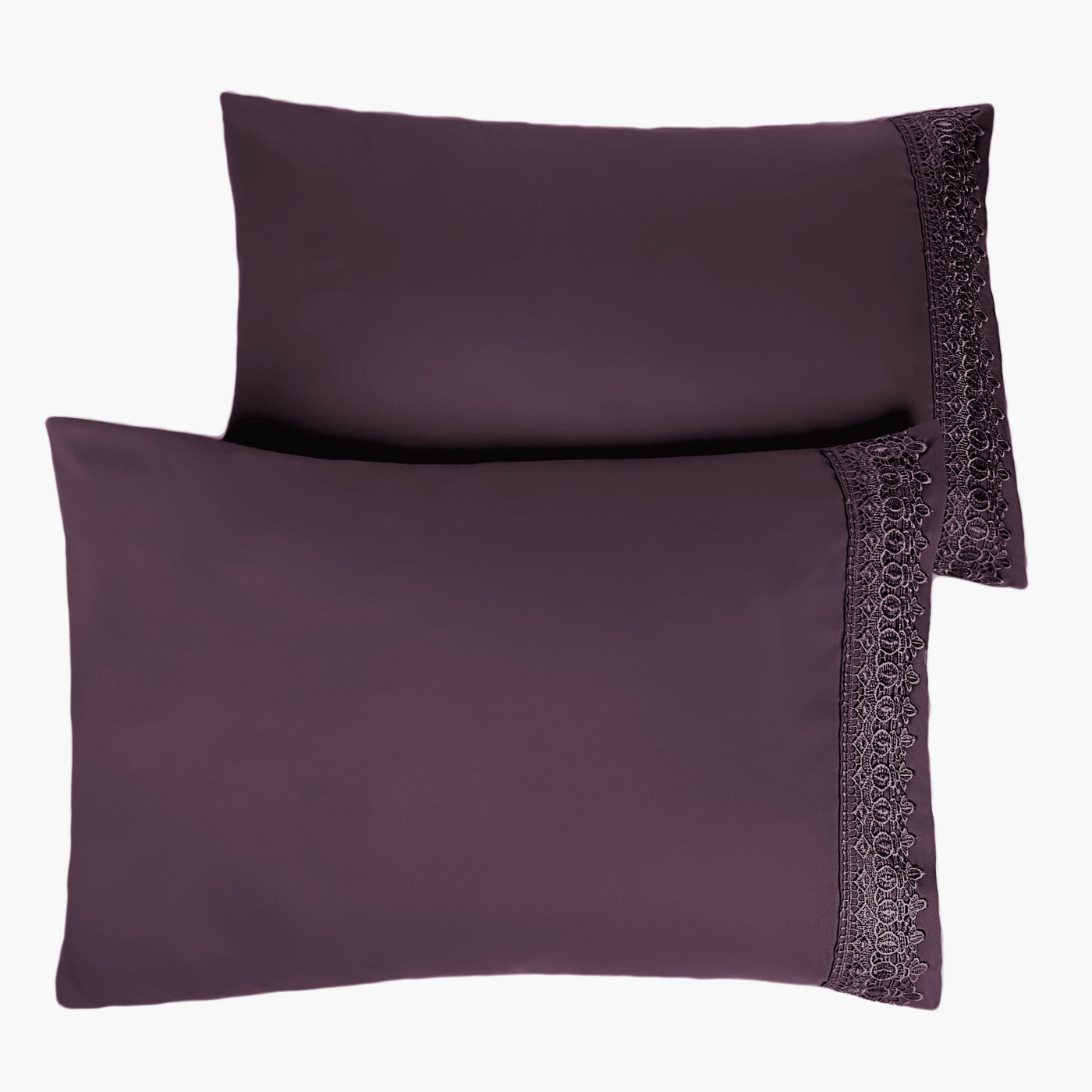 Two Vilano Lace Hem Pillow Cases in Purple Stack Together#color_vilano-purple