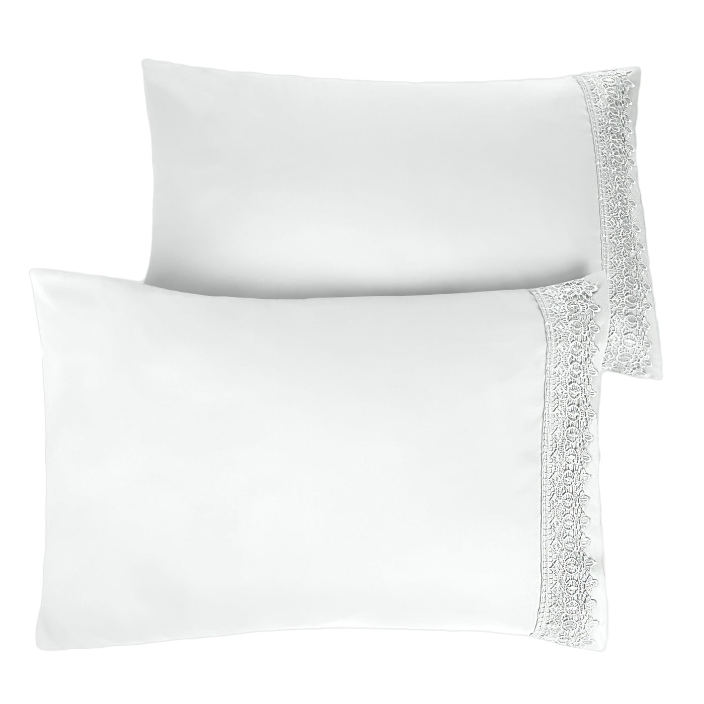 Two Vilano Lace Hem Pillow Cases in White Stack Together#color_vilano-bright-white