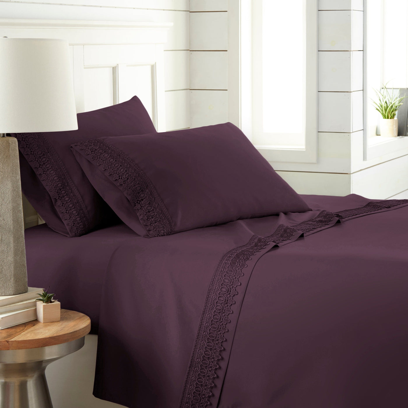 Side View of Vilano Extra Deep Pocket Lace Hem Sheet Set in Purple#color_vilano-purple
