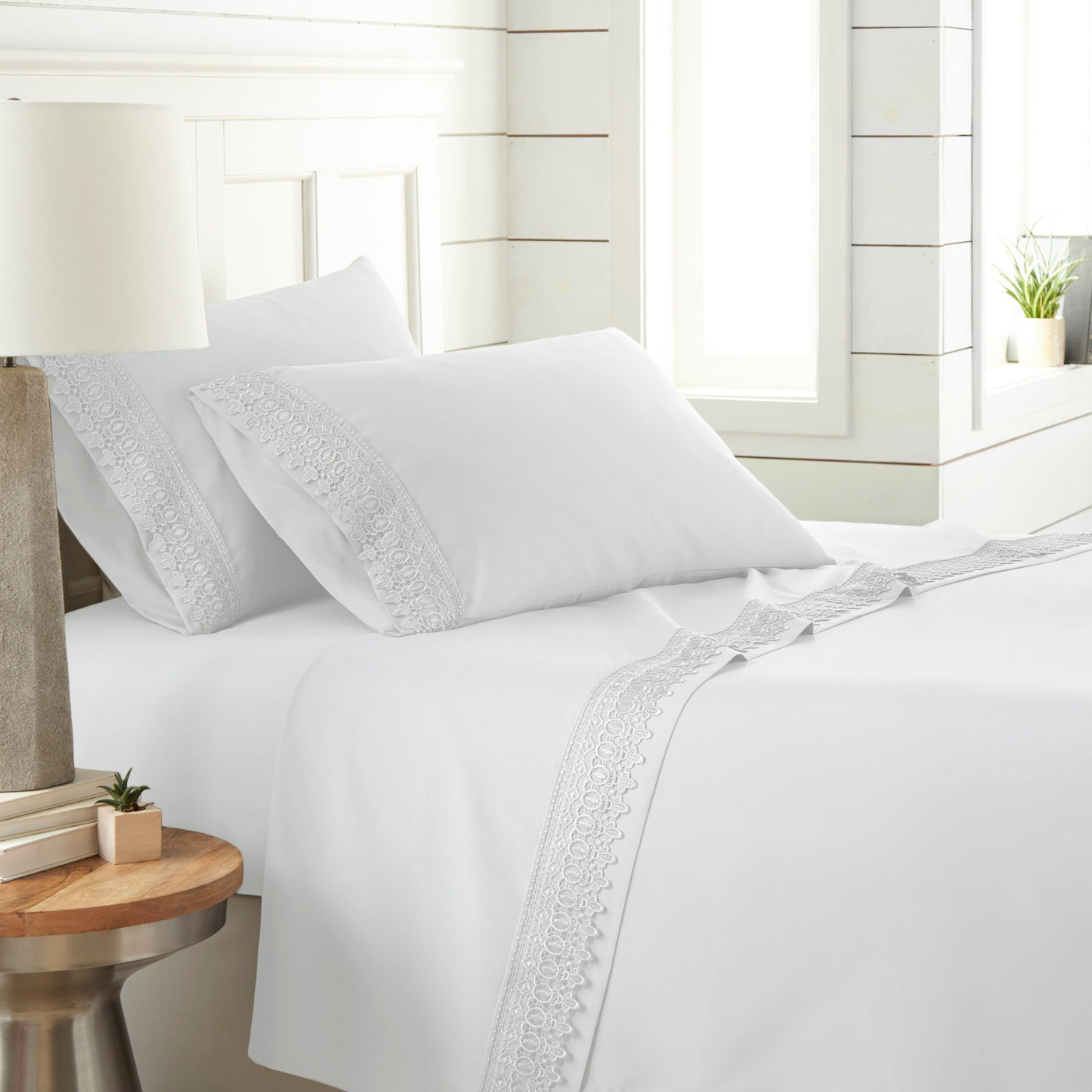 Side View of Vilano Extra Deep Pocket Lace Hem Sheet Set in White#color_vilano-bright-white