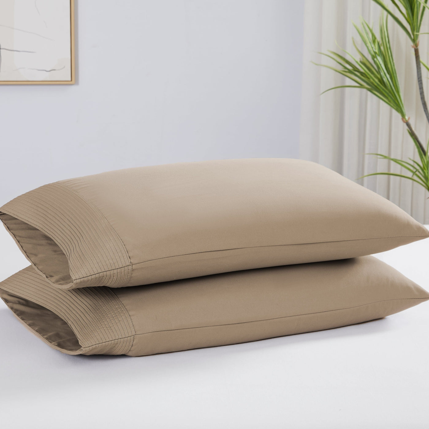 Two Vilano Pleated Pillow Cases in Taupe Stack Together#color_vilano-taupe