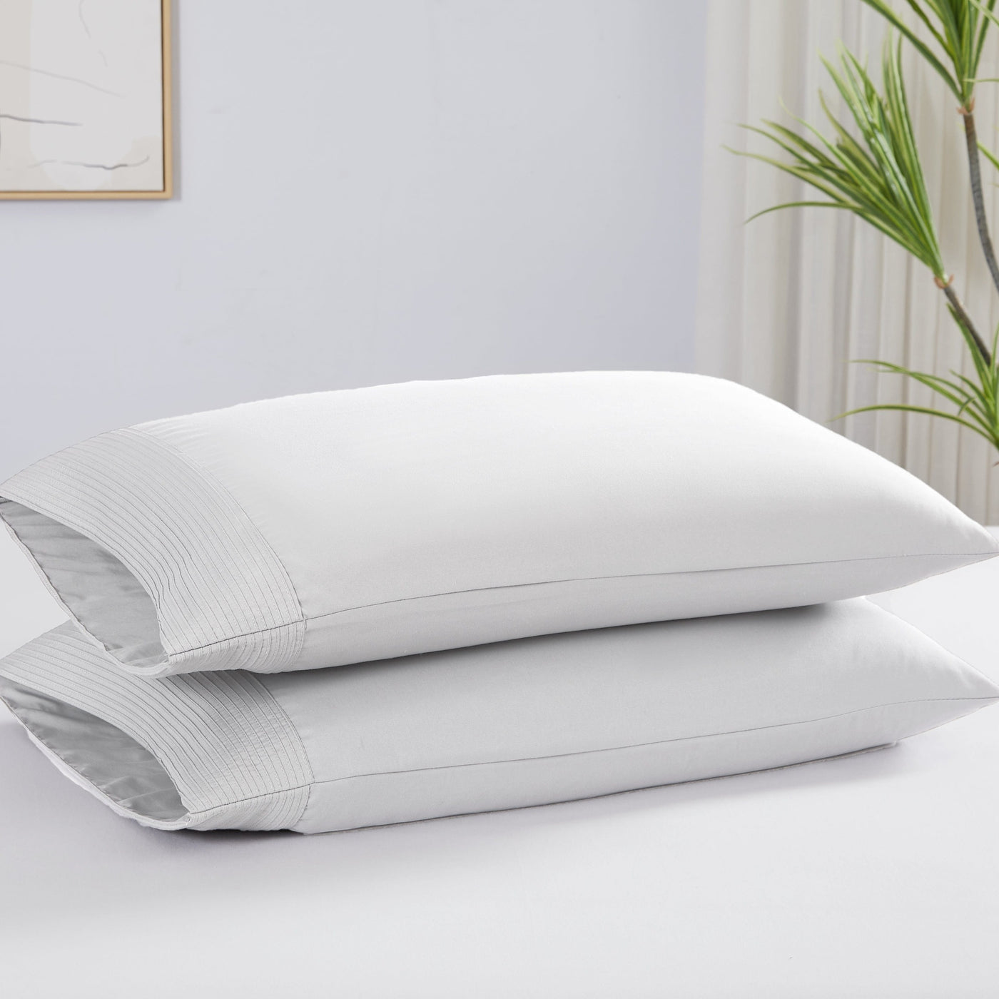 Two Vilano Pleated Pillow Cases in White Stack Together#color_vilano-bright-white