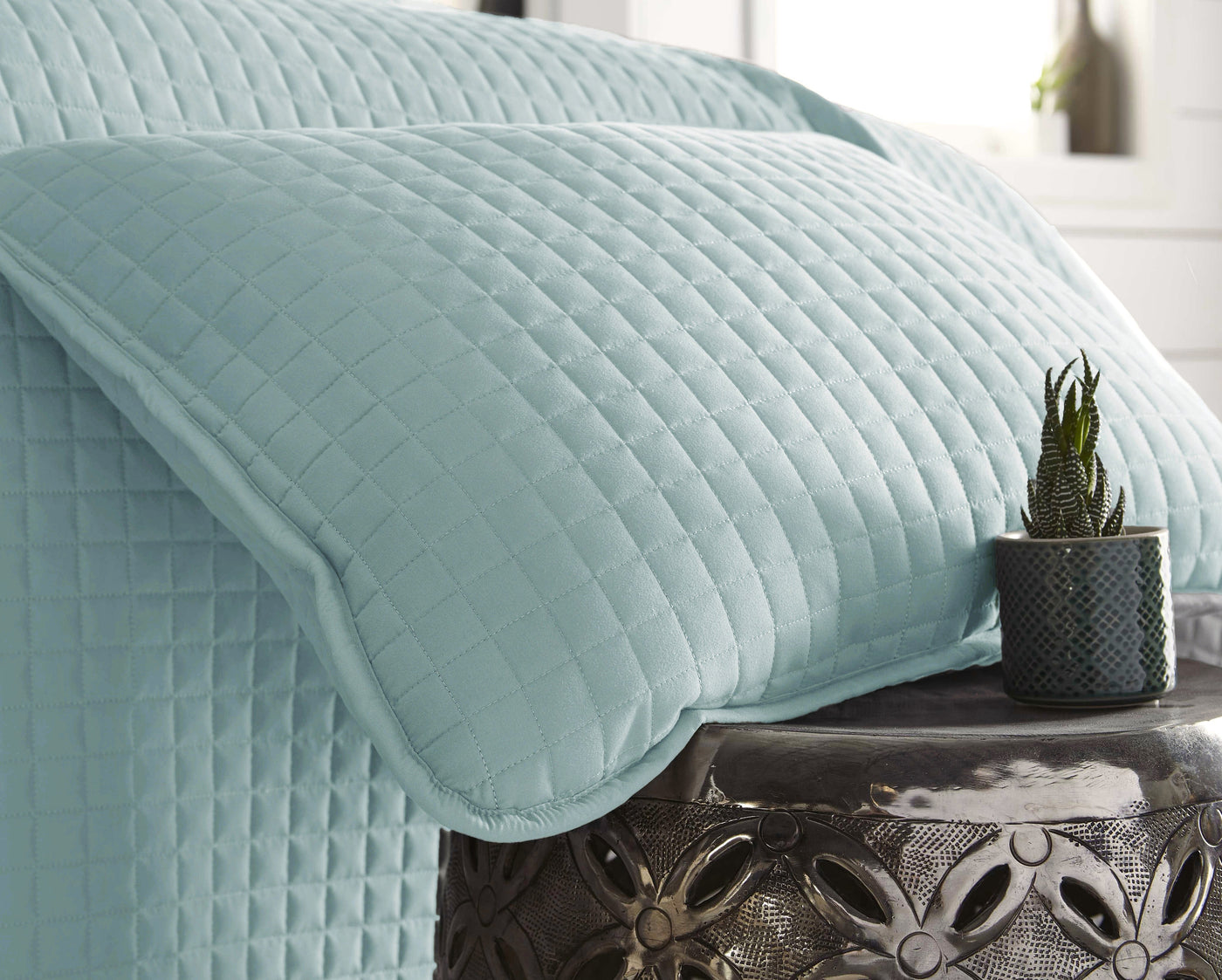 Close Up View of Vilano Oversized Quilt Shams in Blue #color_vilano-sky-blue