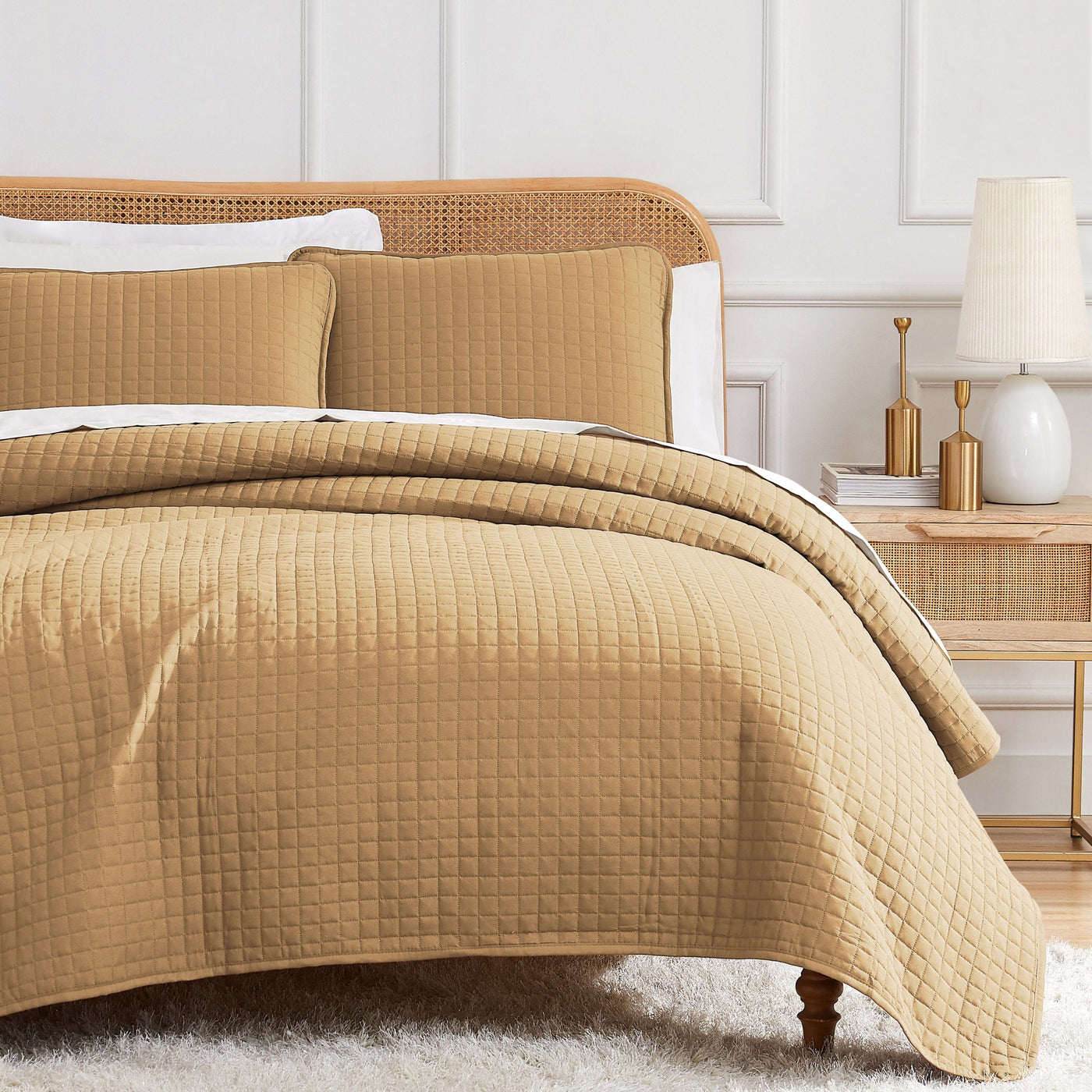 Half Front View of Vilano Oversized Quilt Set in Gold#color_vilano-gold