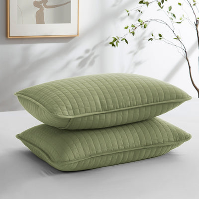 Two Vilano Quilted Shams in Sage Green Stack Together#color_vilano-sage-green