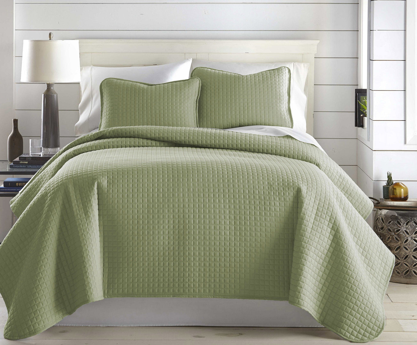 Front View of Vilano Oversized Quilt Set in Green #color_vilano-sage-green