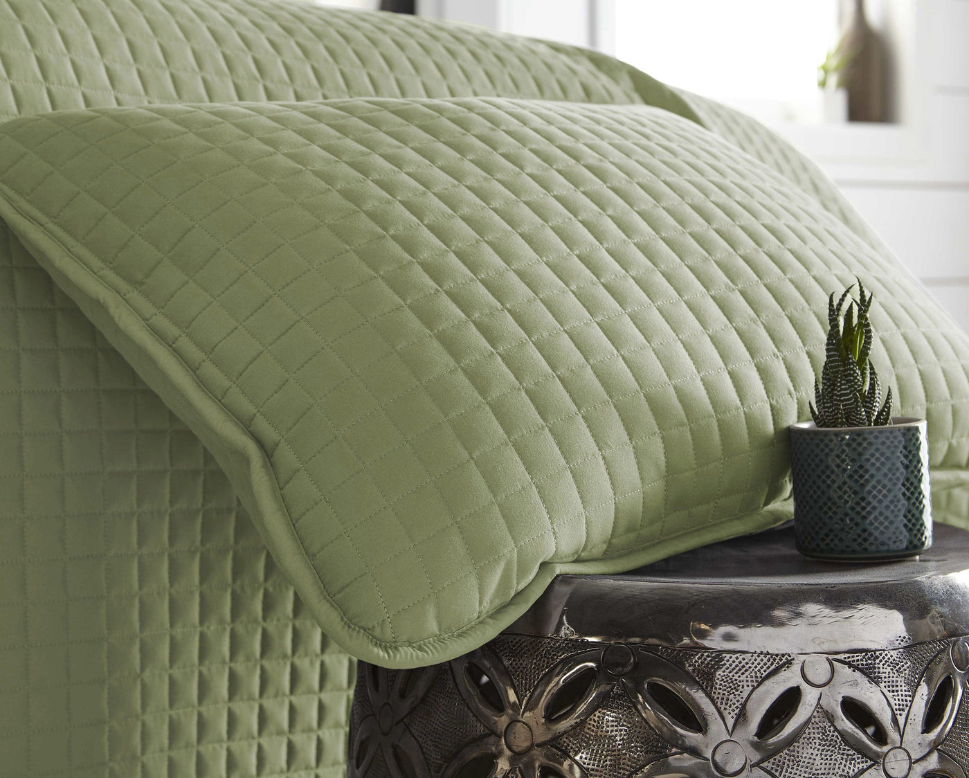 Close Up View of Vilano Oversized Quilt Shams in Green #color_vilano-sage-green