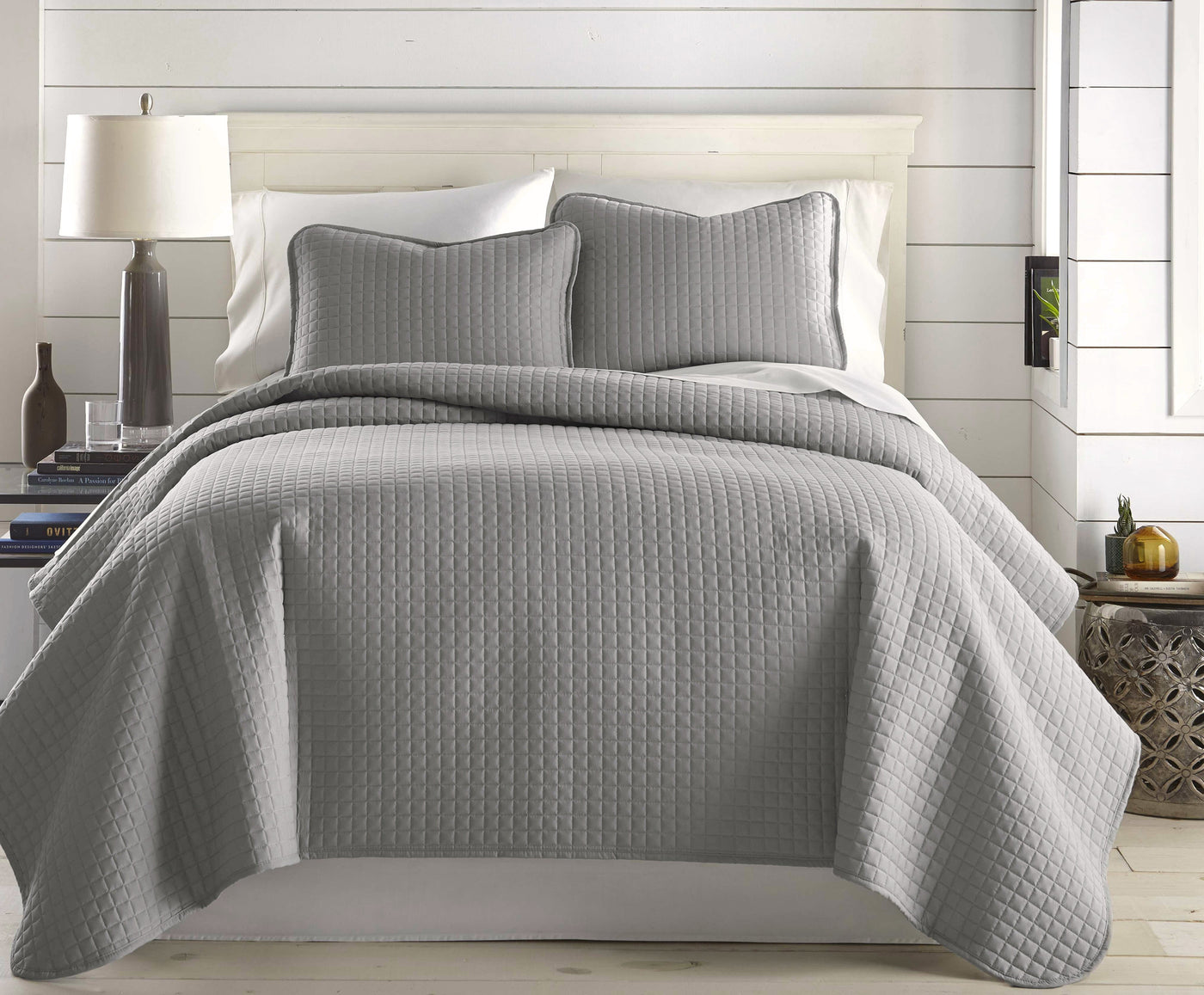 Front View of Vilano Oversized Quilt Set in Grey #color_vilano-steel-gray