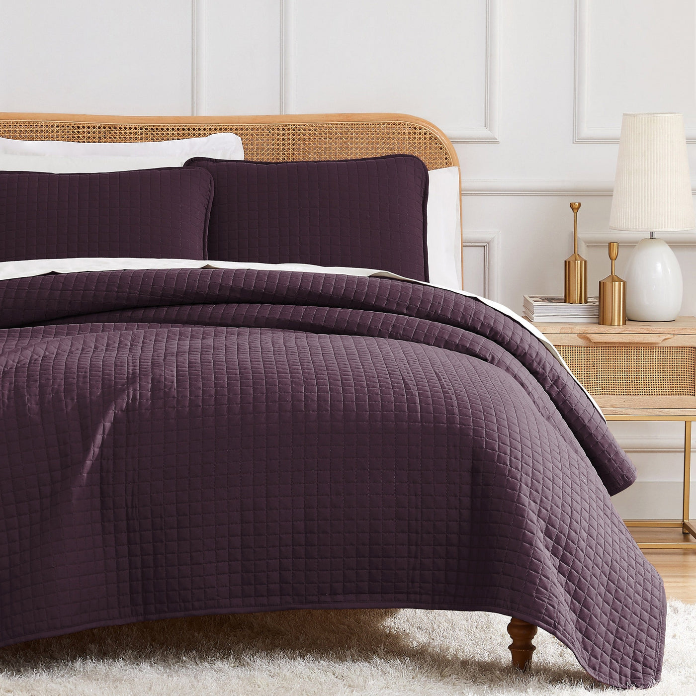 Half Front View of Vilano Oversized Quilt Set in Purple#color_vilano-purple