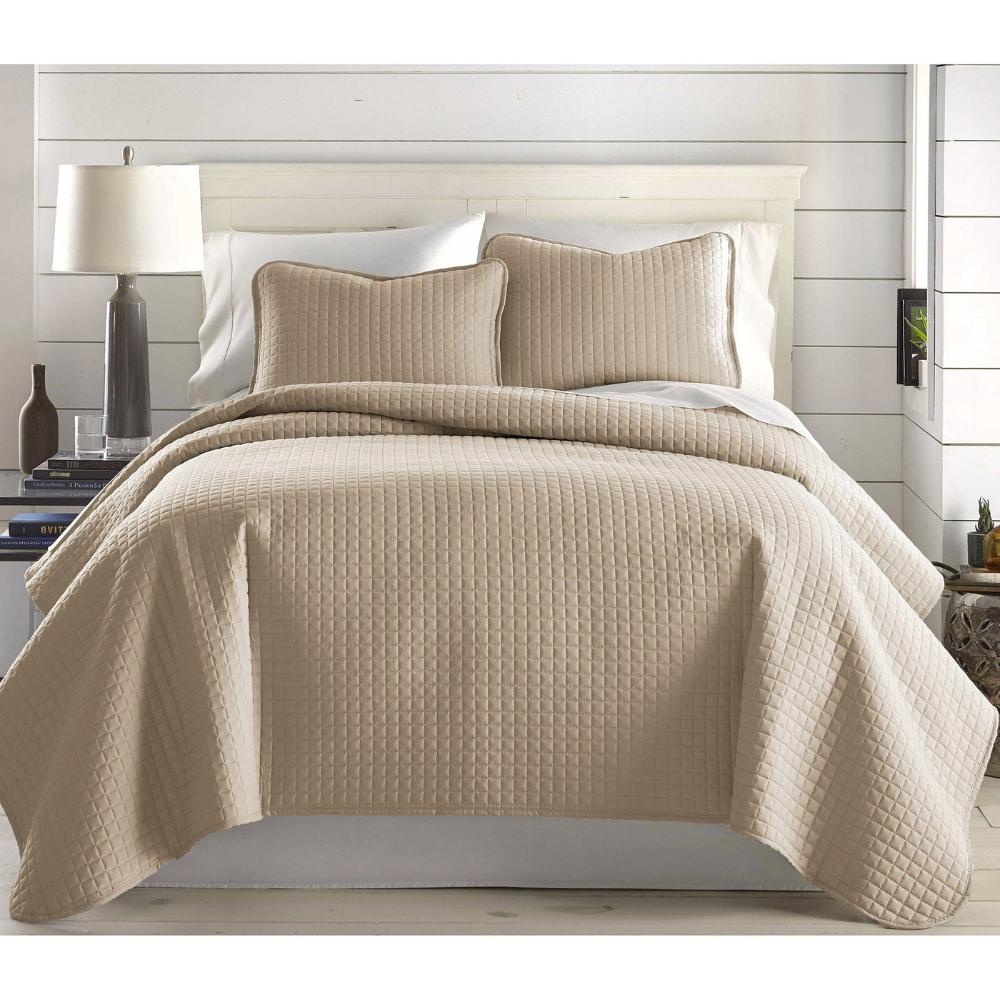 Front View of Vilano Oversized Quilt Set in Soft Sand #color_vilano-soft-sand