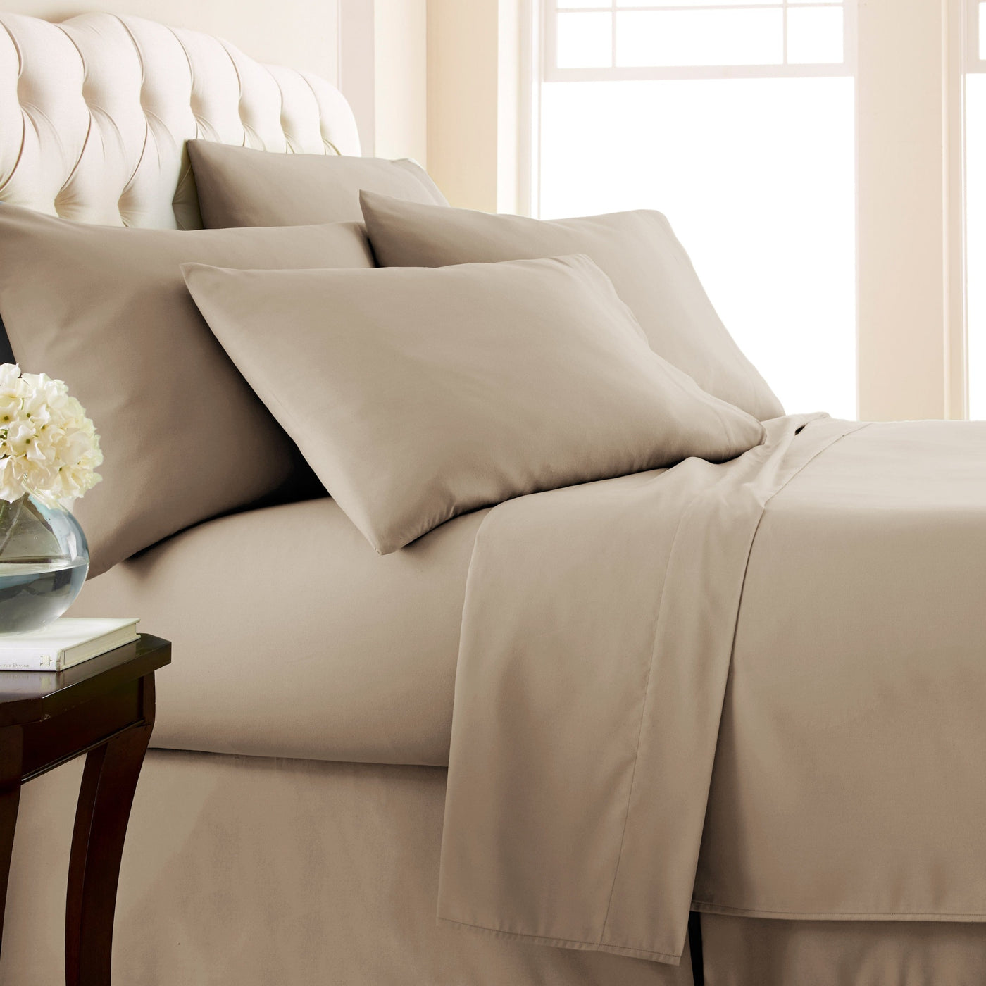 Side View of Vilano Extra Deep Pocket 6-Piece Sheet Set in Taupe#color_vilano-taupe