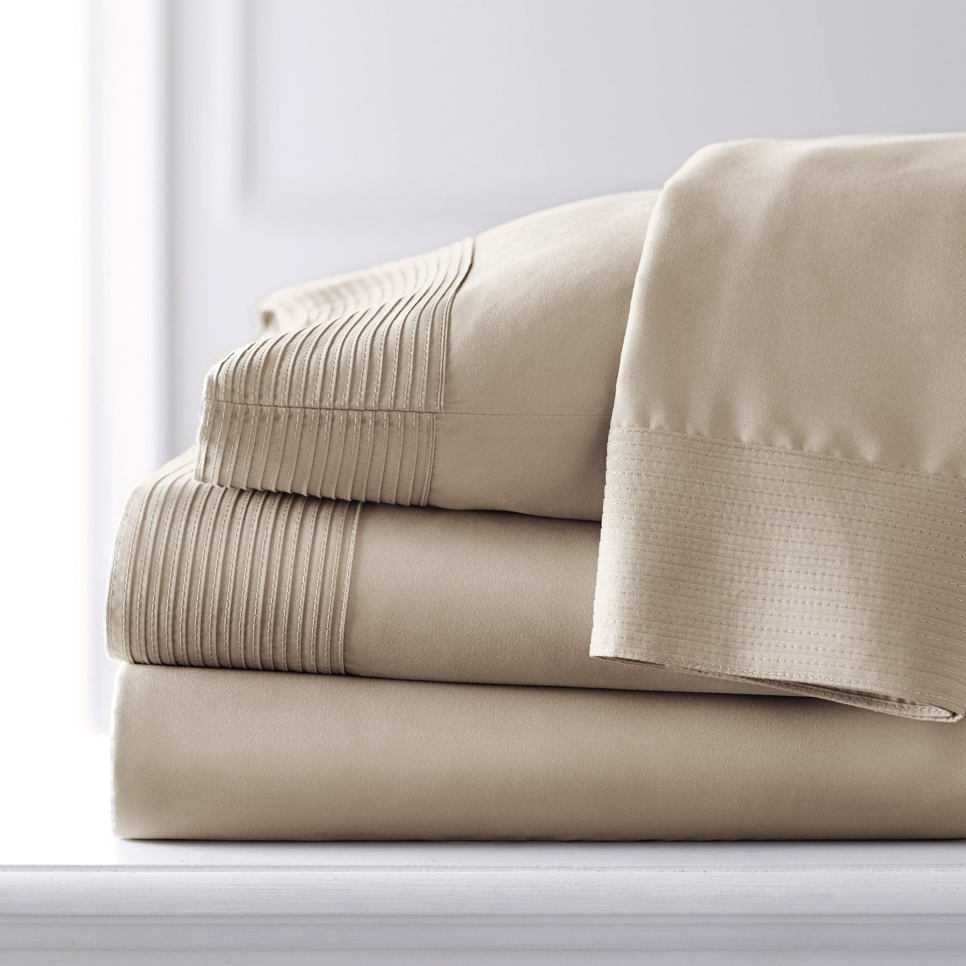 Vilano Extra Deep Pocket Pleated Sheet Set in Taupe Stack Together#color_vilano-taupe