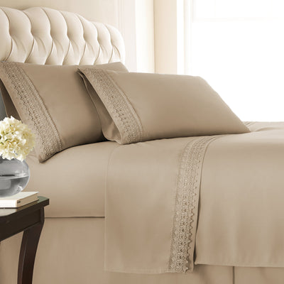Side View of Vilano Extra Deep Pocket Lace Hem Sheet Set in Taupe#color_vilano-taupe