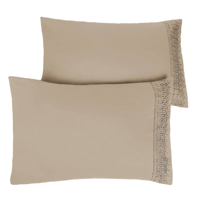 Two Vilano Lace Hem Pillow Cases in Taupe Stack Together#color_vilano-taupe