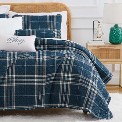 Half Front View of Vilano Plaid 6-Piece Quilt Bedding Set in Blue#color_plaid-blue