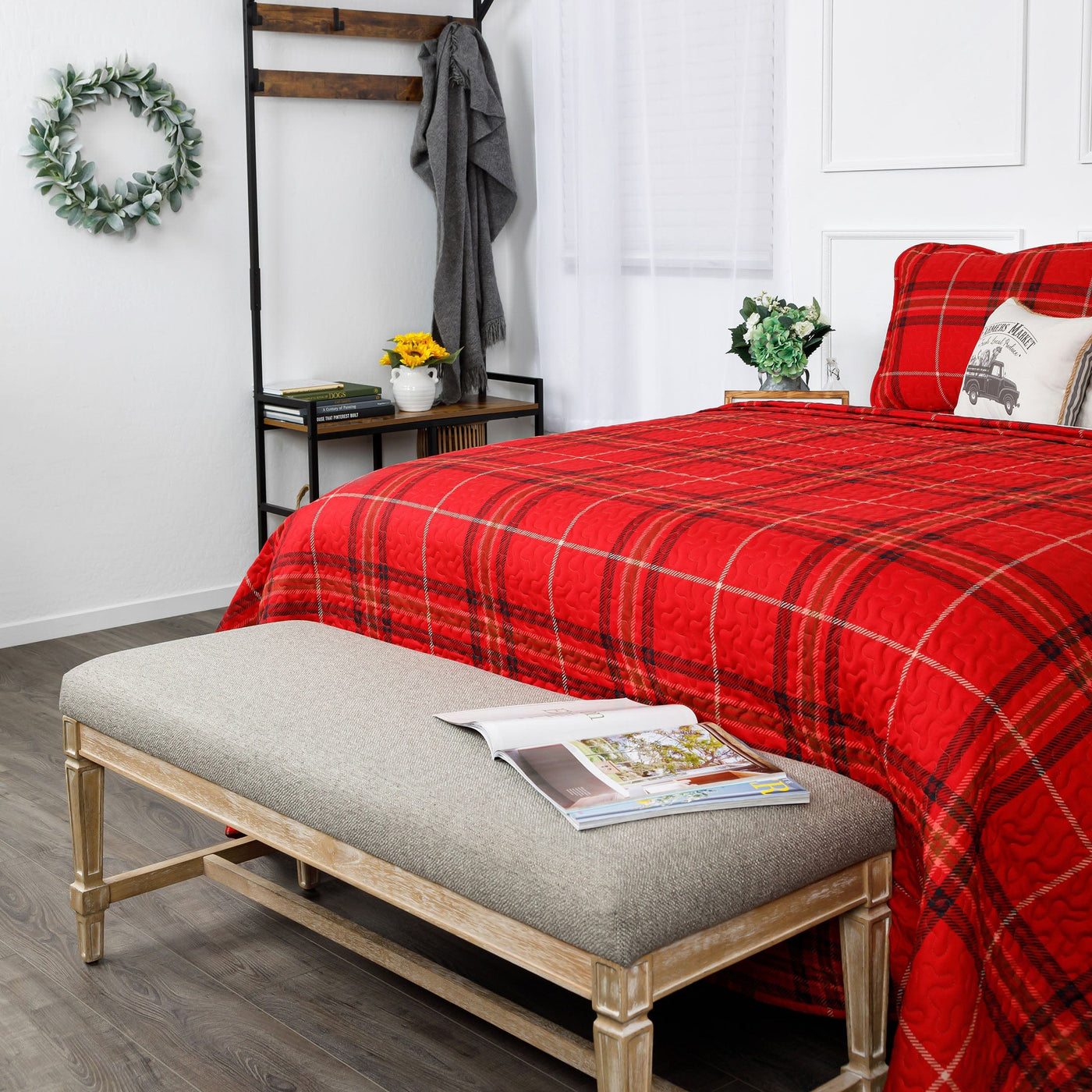 Angled View of Vilano Plaid Quilt Set in Red#color_plaid-red