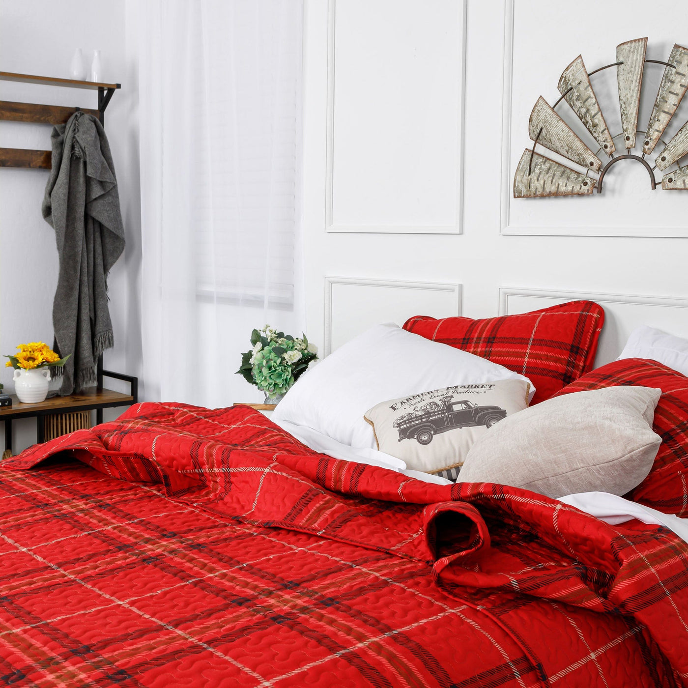 Angled View of Vilano Plaid Quilt Set in Red#color_plaid-red
