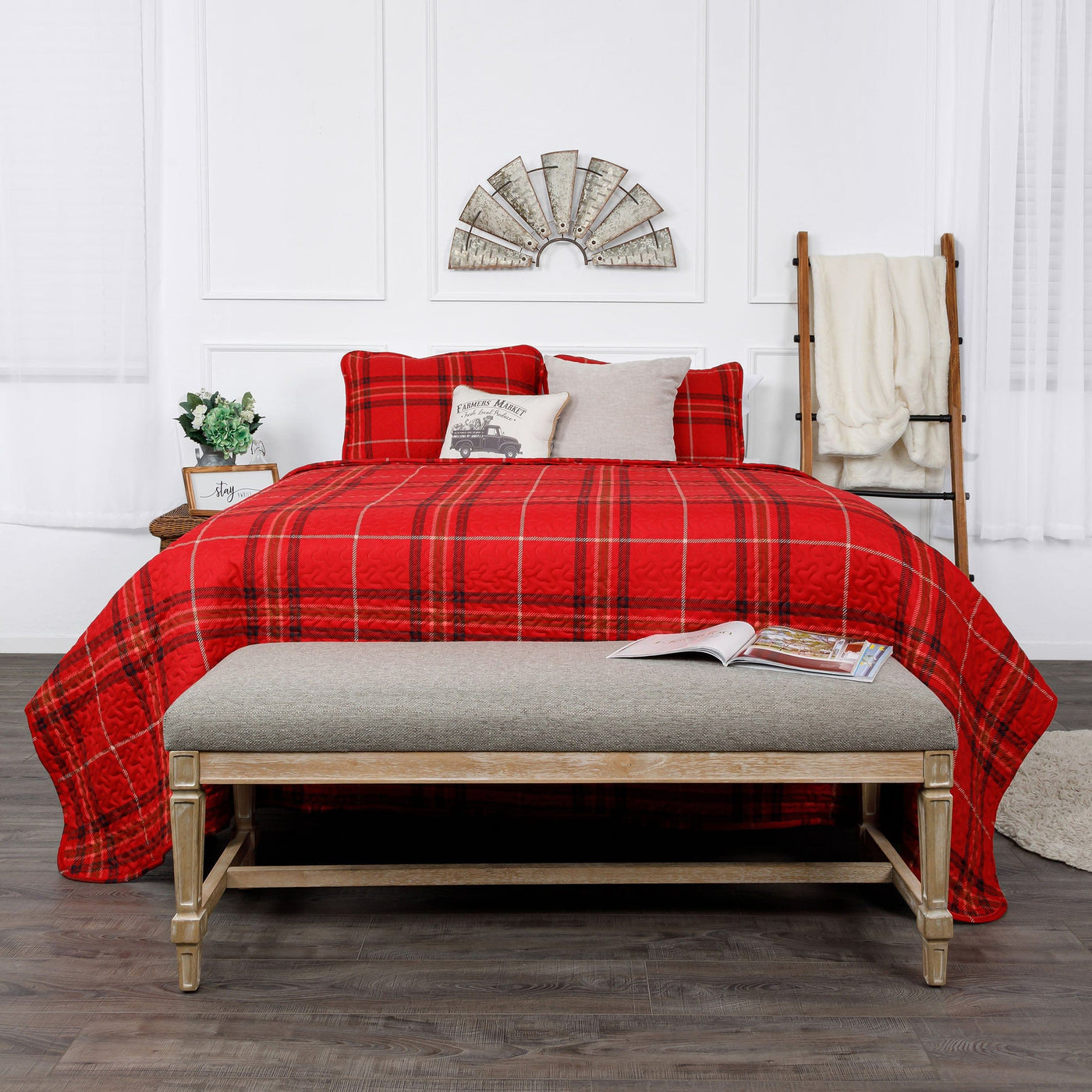 Front View of Vilano Plaid Quilt Set in Red#color_plaid-red