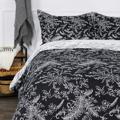 Half Front View of Winter Brush Reversible Comforter Set in Black#color_winter-brush-black