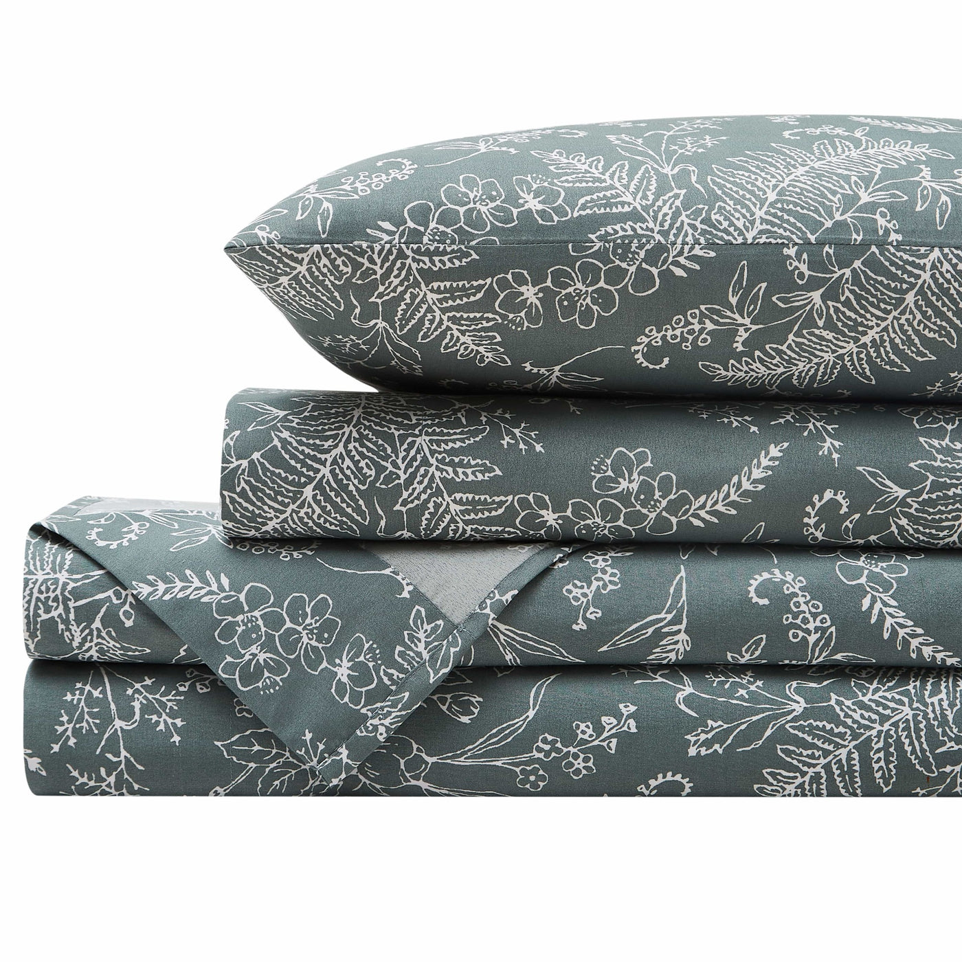 Winter Brush Sheet Set in Teal and White Flowers Stack Together#color_winter-brush-teal-with-white-flowers