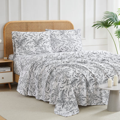 Side View of Winter Brush Sheet Set in White and Black Flowers#color_winter-brush-white-with-black-flowers
