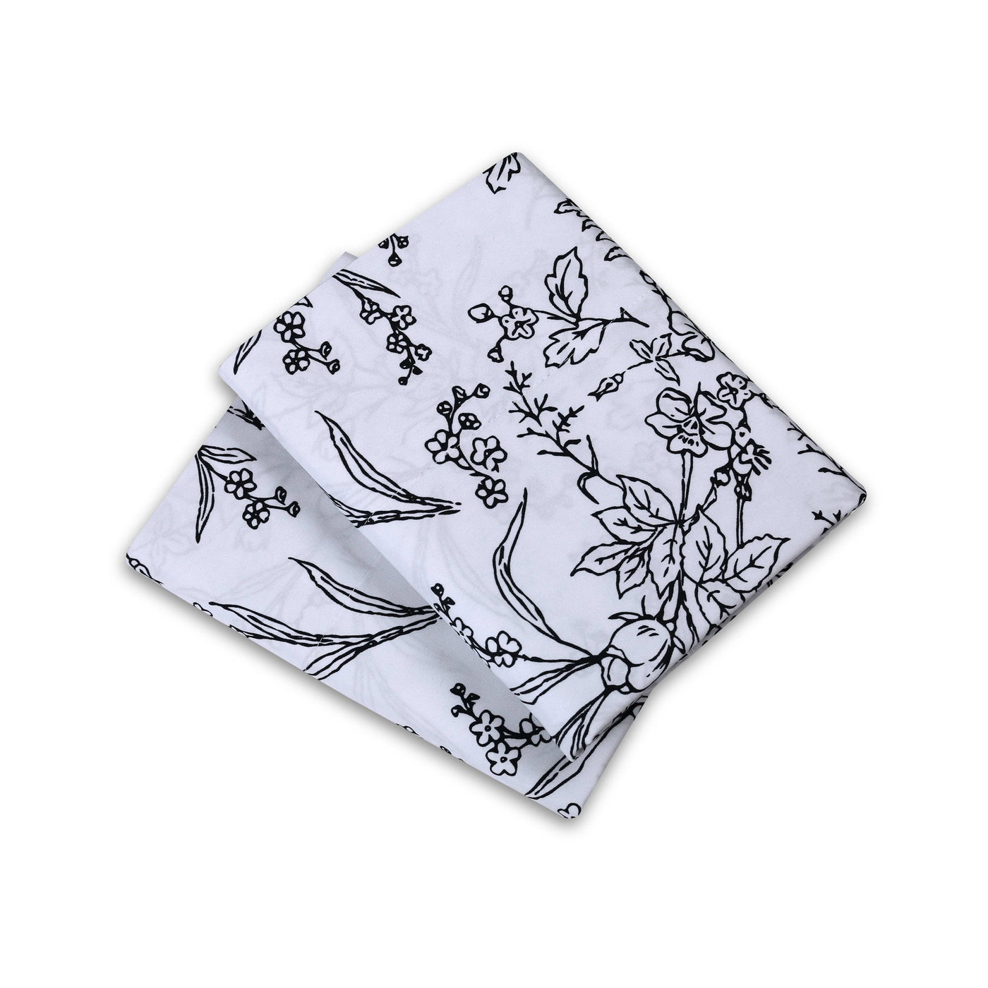 Winter Brush Sheet Set in White and Black Flowers Stack Together#color_winter-brush-white-with-black-flowers