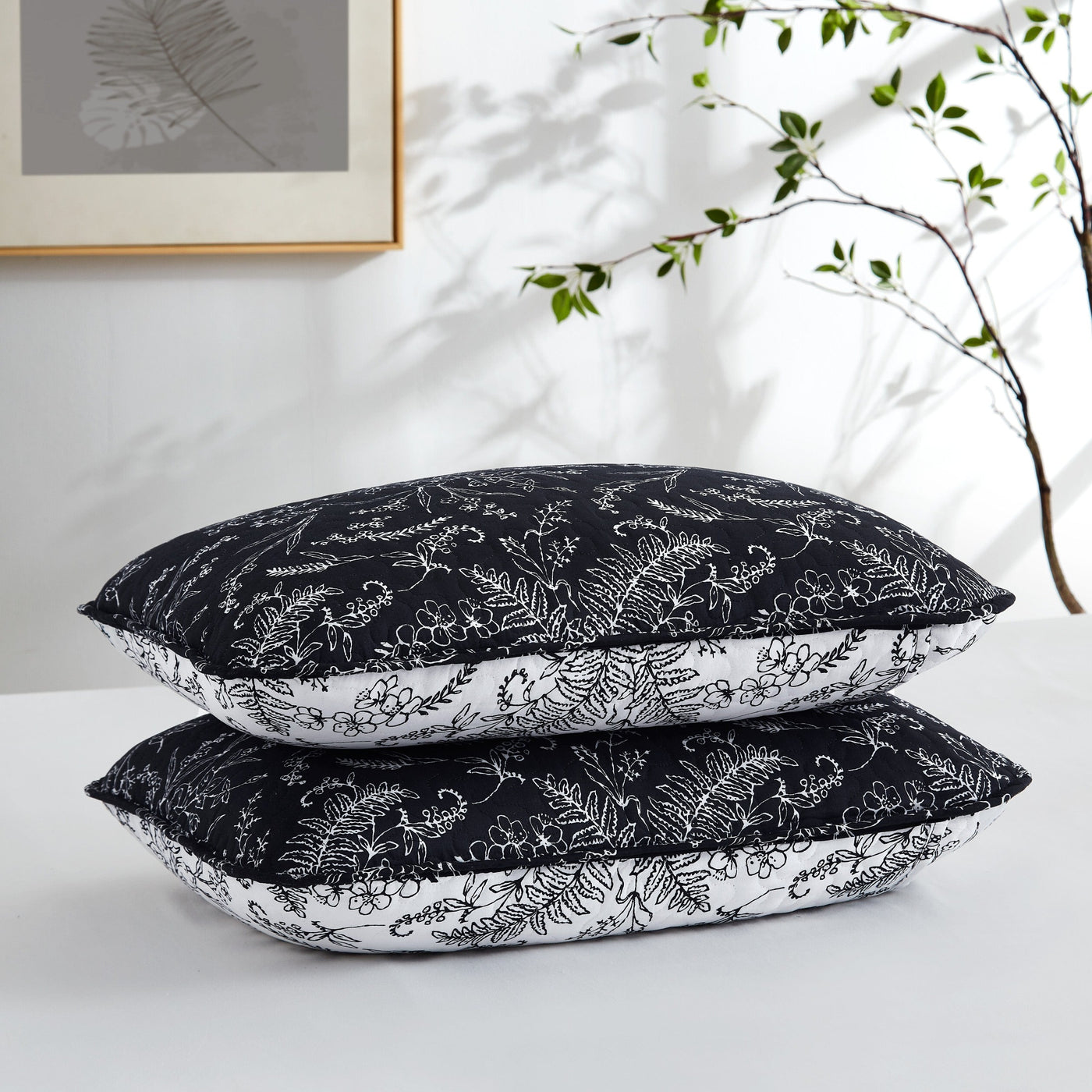 Two Winter Brush Quilted Shams in Black Stack Together#color_winter-brush-black