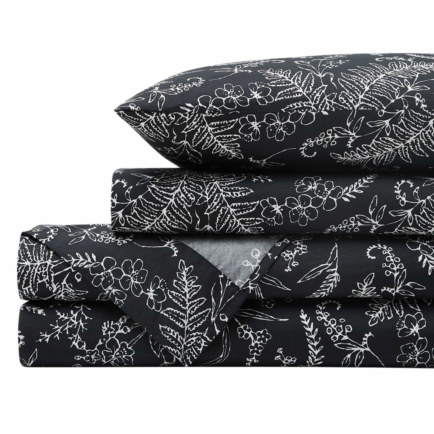 Winter Brush Sheet Set in Black and White Flowers Stack Together#color_winter-brush-black-with-white-flowers