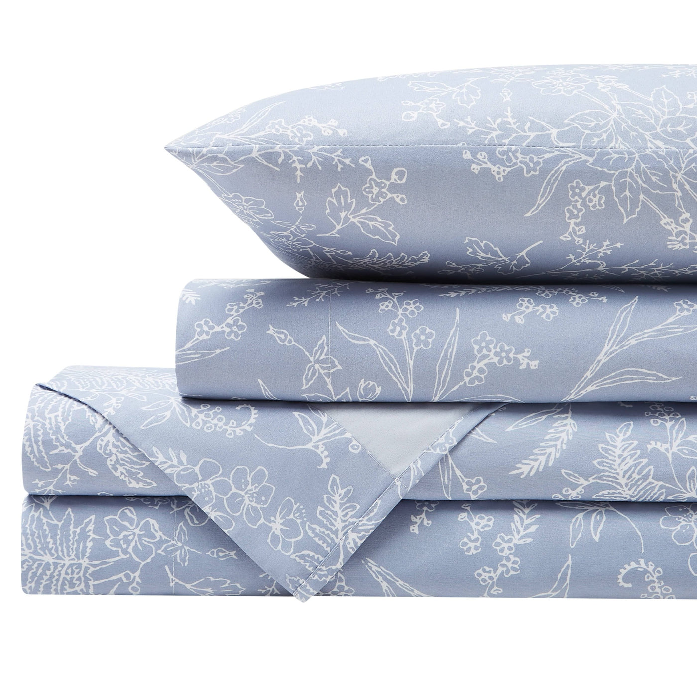 Winter Brush Sheet Set in Blue and White Flowers Stack Together#color_winter-brush-blue-with-white-flowers