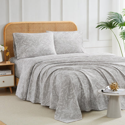 Side View of Winter Brush Sheet Set in Steel Grey and White Flowers#color_winter-brush-steel-gray-with-white-flowers
