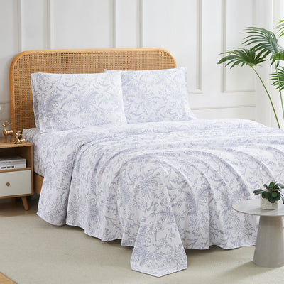 Side View of Winter Brush Sheet Set in White and Blue Flowers#color_winter-brush-white-with-blue-flowers