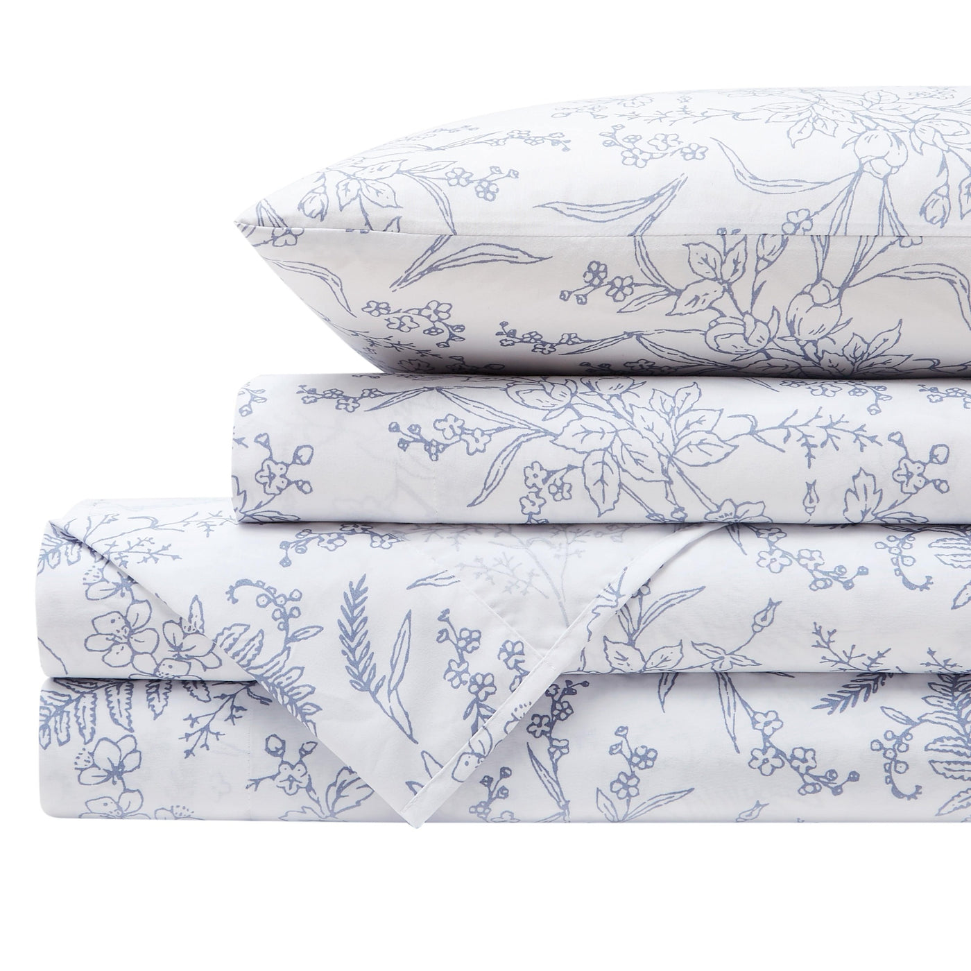 Winter Brush Sheet Set in White and Blue Flowers Stack Together#color_winter-brush-white-with-blue-flowers