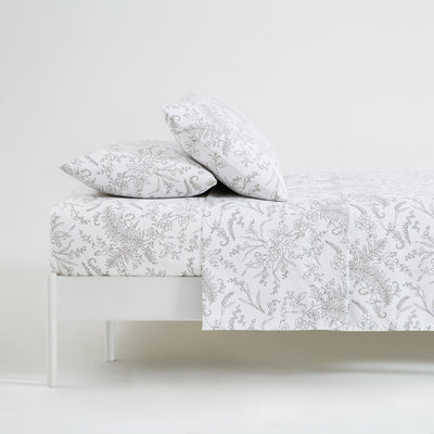 Side View of Winter Brush Sheet Set in White and Steel Grey Flowers#color_winter-brush-white-with-steel-gray-flowers
