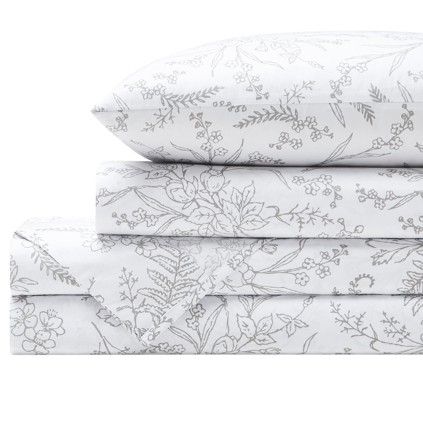 Winter Brush Sheet Set in White and Steel Grey Flowers Stack Together#color_winter-brush-white-with-steel-gray-flowers